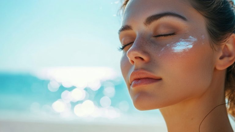 Žena na plaži nanosi SPF za lice, štiteći kožu od sunčevih zraka