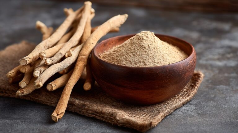 Ašvaganda i koža: Koren ašvagande i prah u drvenoj činiji na tamnoj podlozi