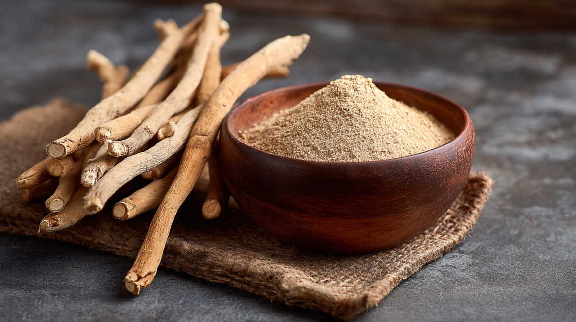 Ašvaganda i koža: Koren ašvagande i prah u drvenoj činiji na tamnoj podlozi