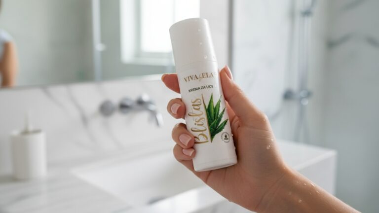 Hidratantna krema za lice u ruci žene u kupatilu
